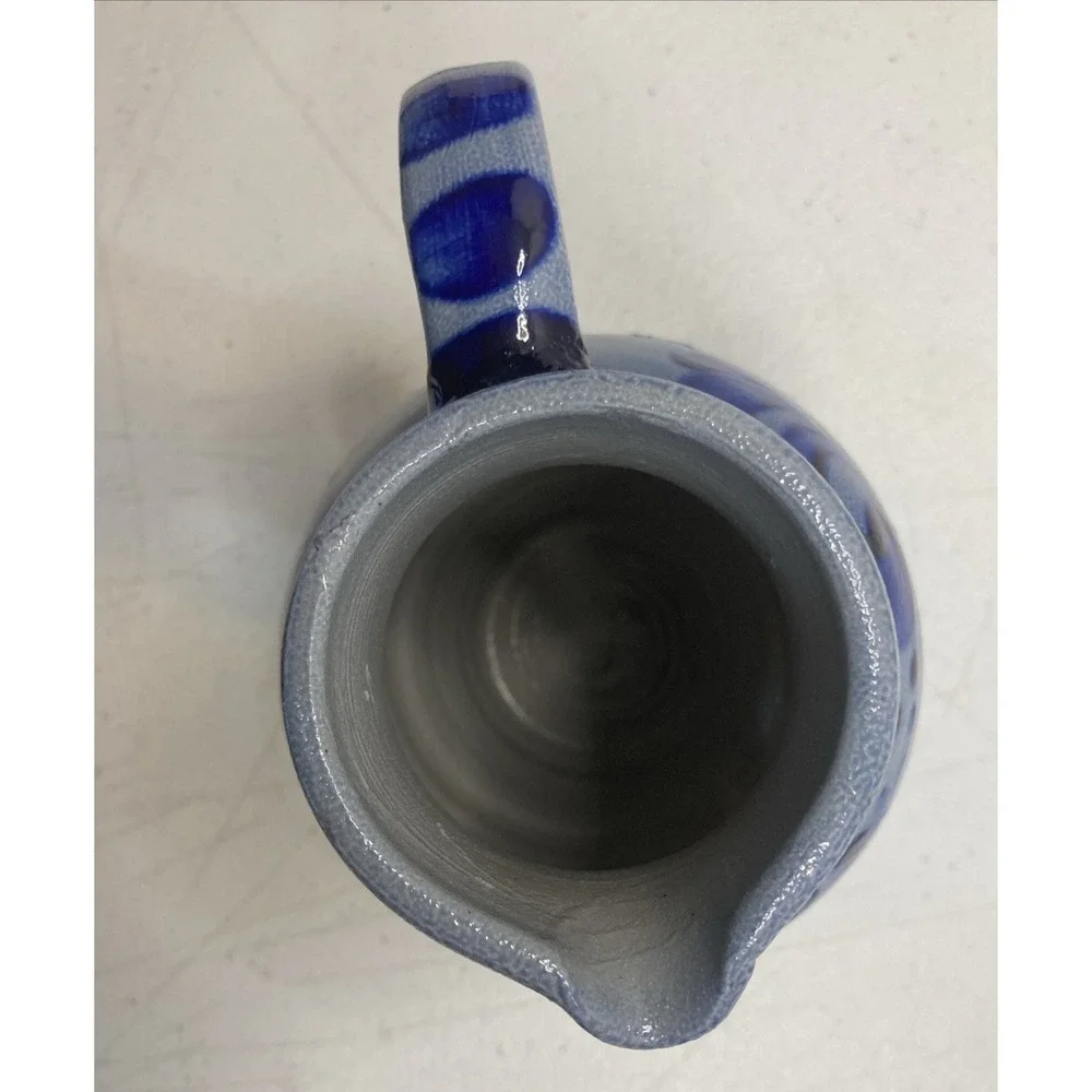 Vintage German Salt‎ Glaze Pitcher Handle Blue Stripe 1/2 L  5.75
